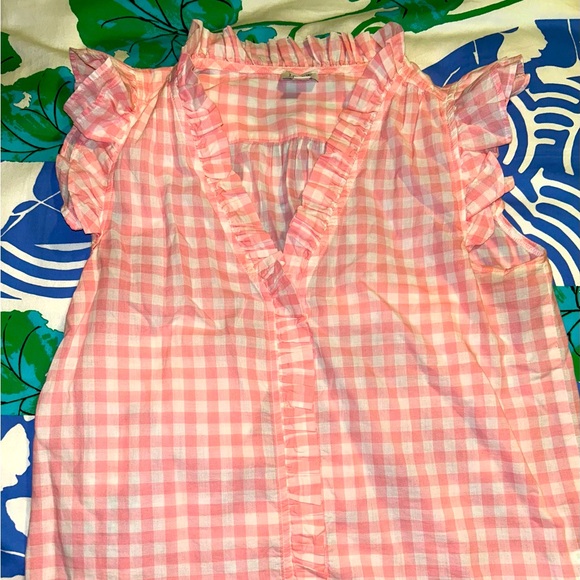 J.CREW Shirt Pink Gingham Flutter Sleeve Ruffle Button Up V Neck Top Blouse - Picture 2 of 3